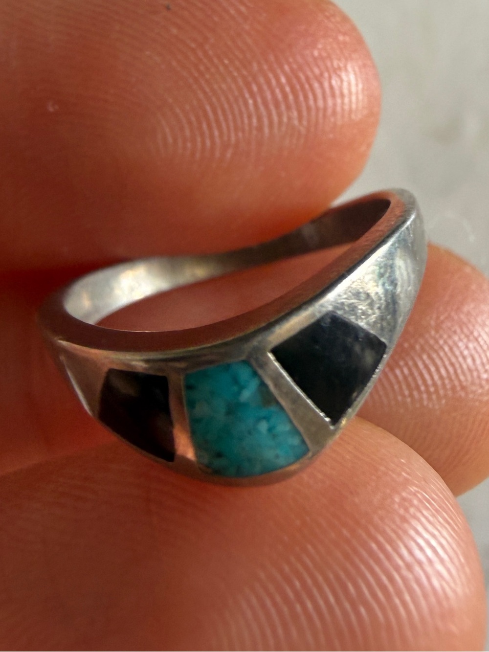Sterling Silver geometric bezel, turquoise + onyx inlay knuckle toe pinky ring